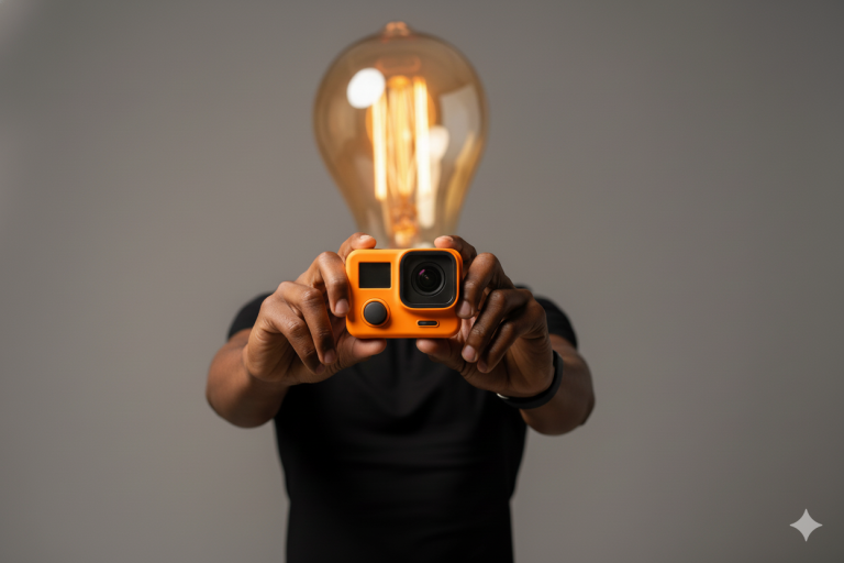 Phil A. Ment hold up an orange action camera.